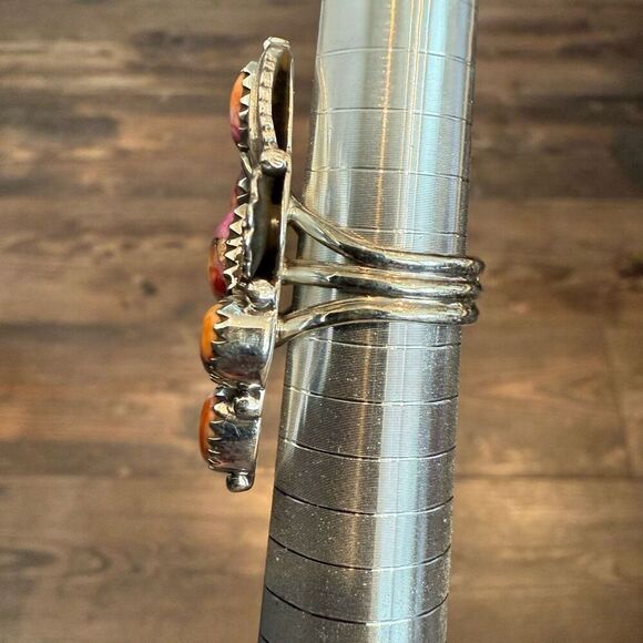 Spiny Turquoise Southwestern Statement Boho Ring Sterling Silver Floral Framed - Picture 4 of 10